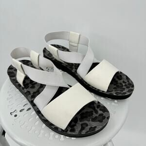 Corkys Thrive 8 sandals vegan leather stretch cross strap open toe flat white